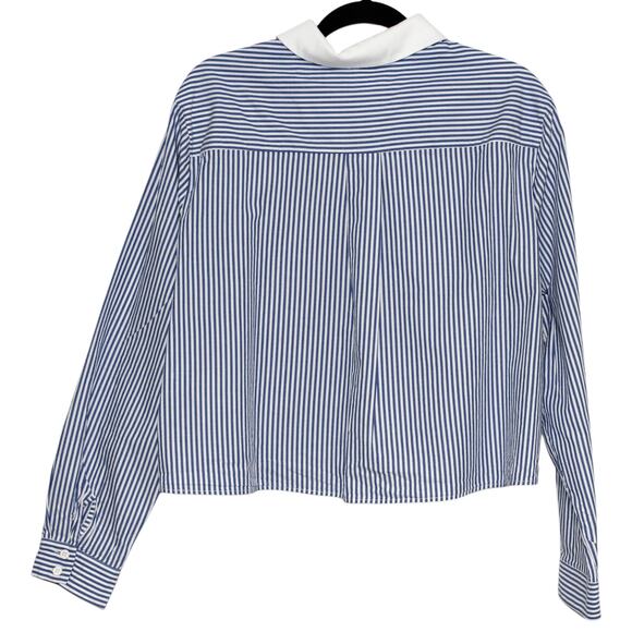 adL Cropped Blue Striped Button Up Blouse Size Large - Picture 3 of 4